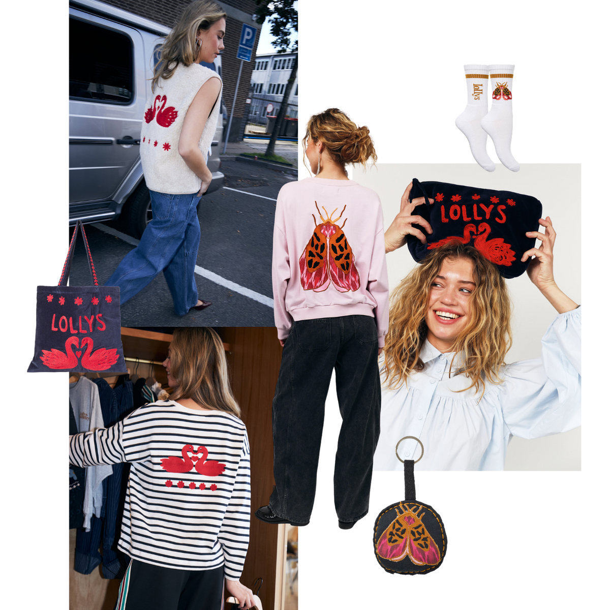 Collage from Lollys Laundry Pre-Spring Party 2026 featuring hand-drawn swan and butterfly motifs on knitwear, a sweatshirt, striped top, bag and accessories.