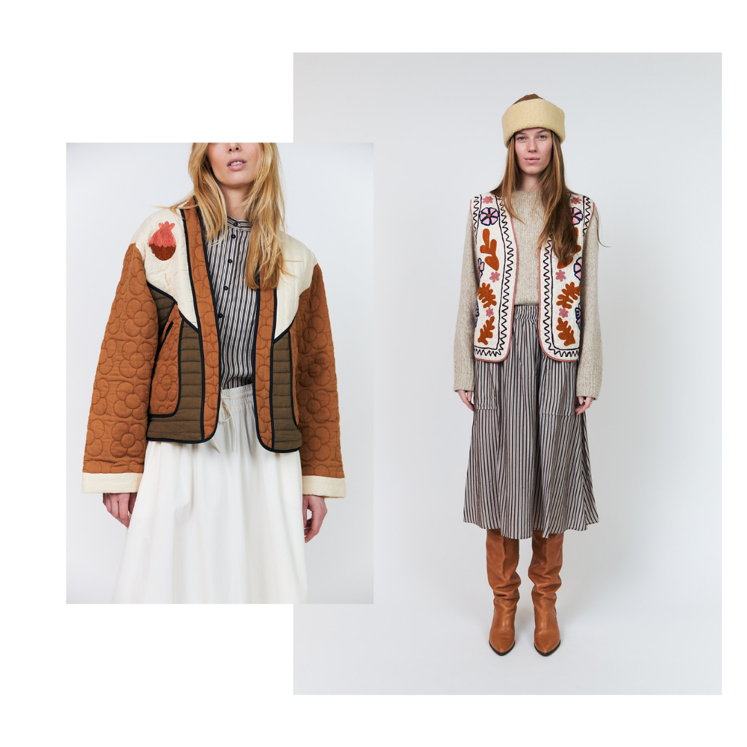 Two women wearing autumn-themed outfits with patterned vests and boots on a white background.