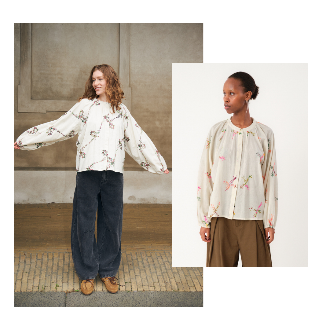 Two women wearing floral blouse and pants in different settings