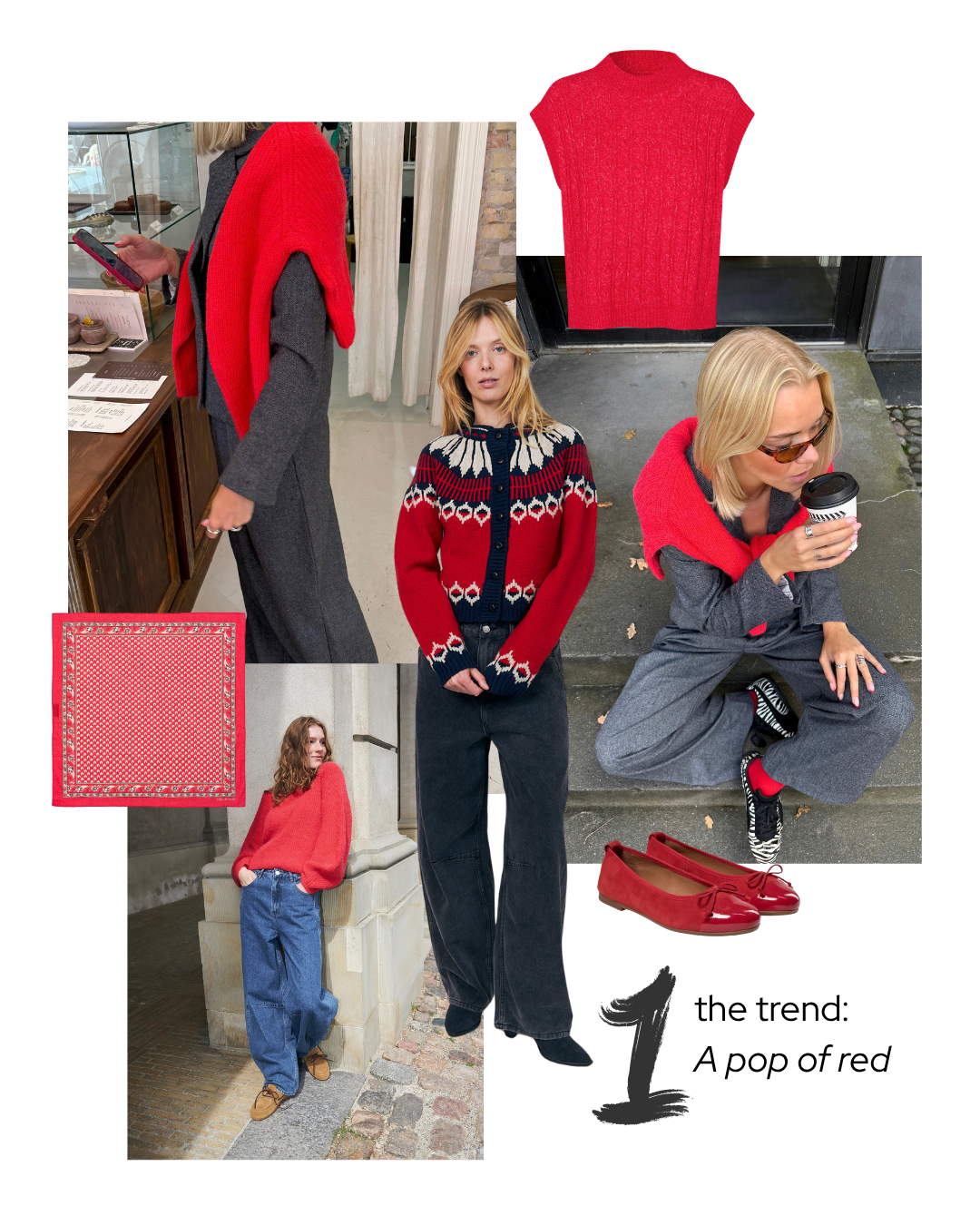 A collage showing a woman wearing a red knit sweater vest over a dark gray dress, with inset close-ups of the red vest, a red patterned scarf, and red flats. Text at the bottom reads 'the trend: A pop of red'.