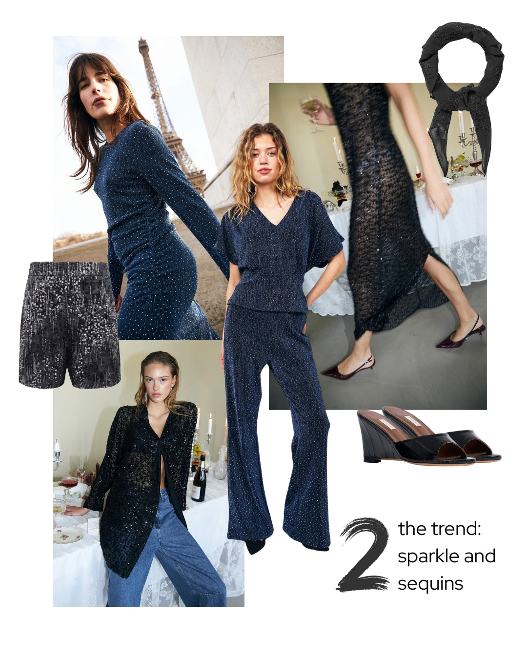 A fashion collage promoting sparkly sequined apparel, featuring multiple models wearing dark navy sequined knit sets, textured black sequined shorts, a black lace dress, and black wedge sandals. The layout includes editorial lifestyle photos, a black scarf, and text reading 'the trend: sparkle and sequins'.