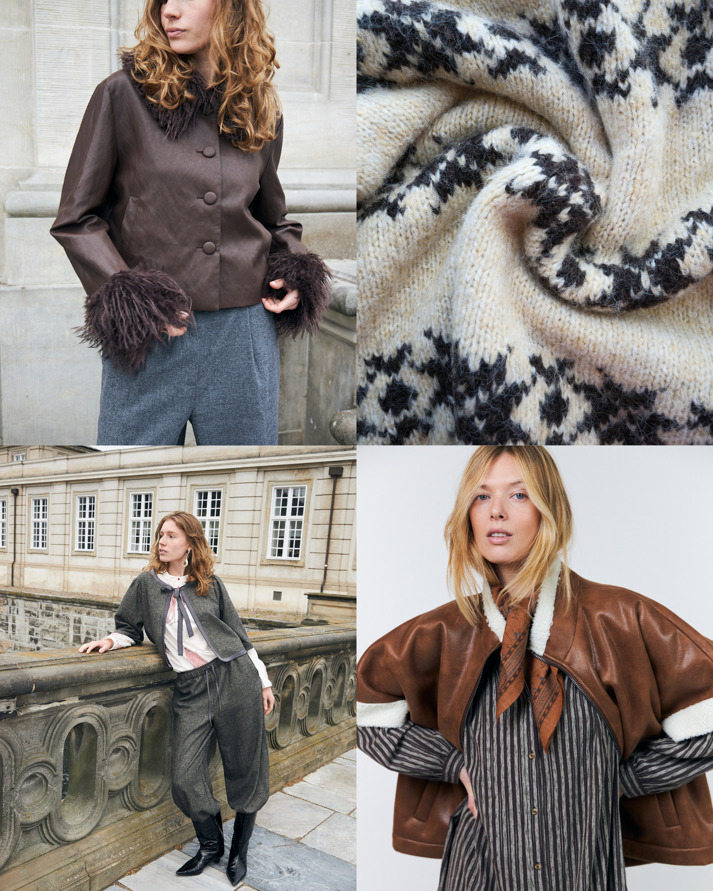Autumn fashion from Lollys Laundry featuring a brown jacket with faux fur details, Nordic knitwear, a grey set and a brown leather look jacket with teddy.