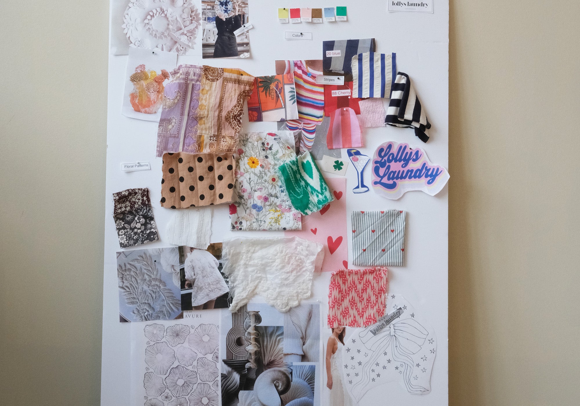 This moodboard captures the playful and expressive universe behind the Lollys Laundry 26.2 collection. It brings together a mix of hand drawn florals, bold stripes, soft textures and vibrant color combinations that create a balance between feminine, artistic and sporty influences.