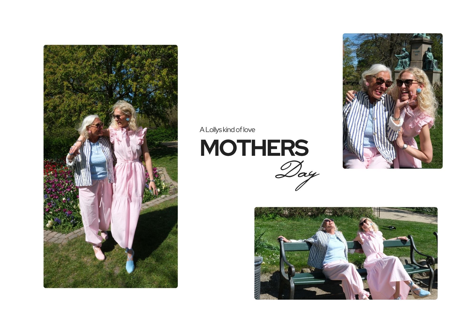 Collage with woman and older woman in pink outfits and stripes, walking and sitting together in a park with flowers and sunshine, smiling in a relaxed atmosphere