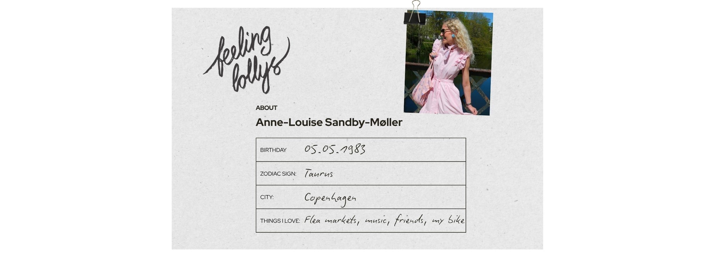 profile card with a photo of Anne-Louise and text on a grey background