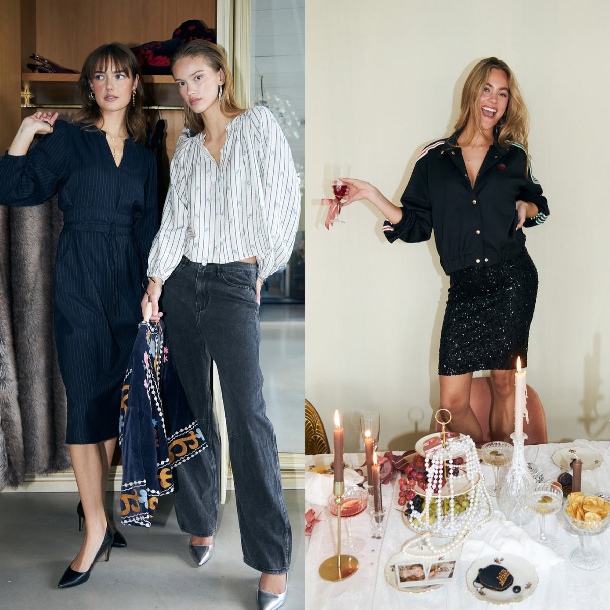 Looks from Lollys Laundry Pre-Spring Party 2026 featuring a striped dress, feminine blouse, denim and a black sequin skirt styled with a sporty jacket.