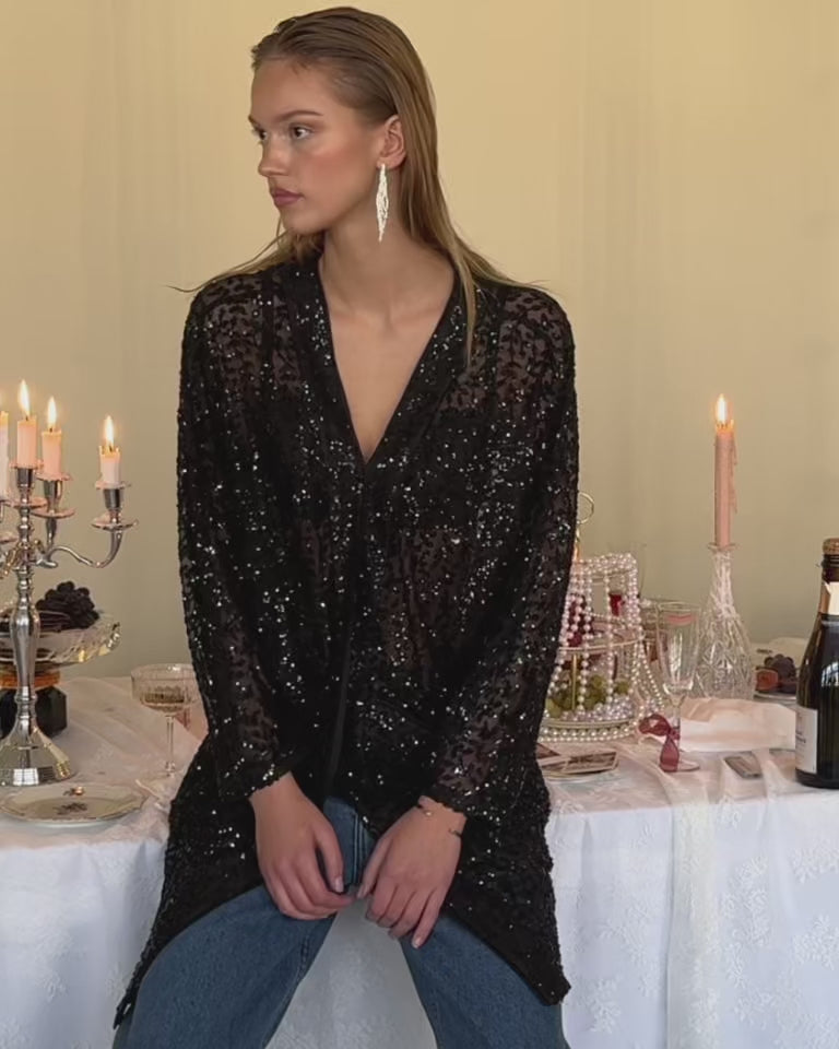 Video showcasing the Lollys Laundry Pre-Spring Party 2026 collection with sparkling occasionwear, a navy top, black sequins and a colourful floral shirt.